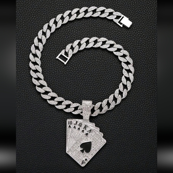 Hip Hop Iced Out Fully Rhinestone Silver Card Pendant & Cuban Chain Necklace 20" - Picture 3 of 13